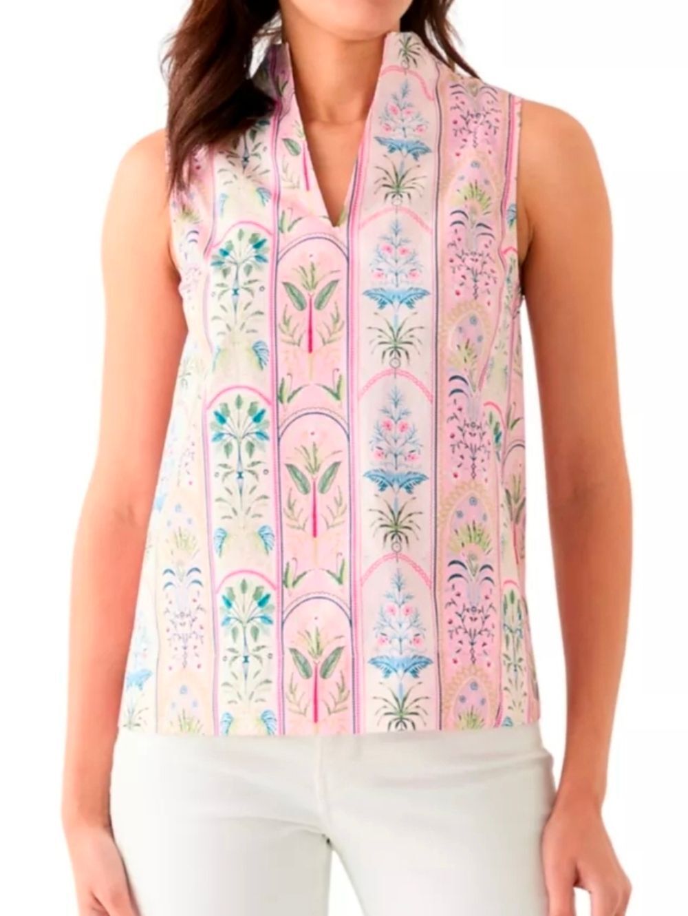 🇬🇪🔺️Crown & Ivy Pink Palm Stripe Split Neck Sleeveless Top XLarge